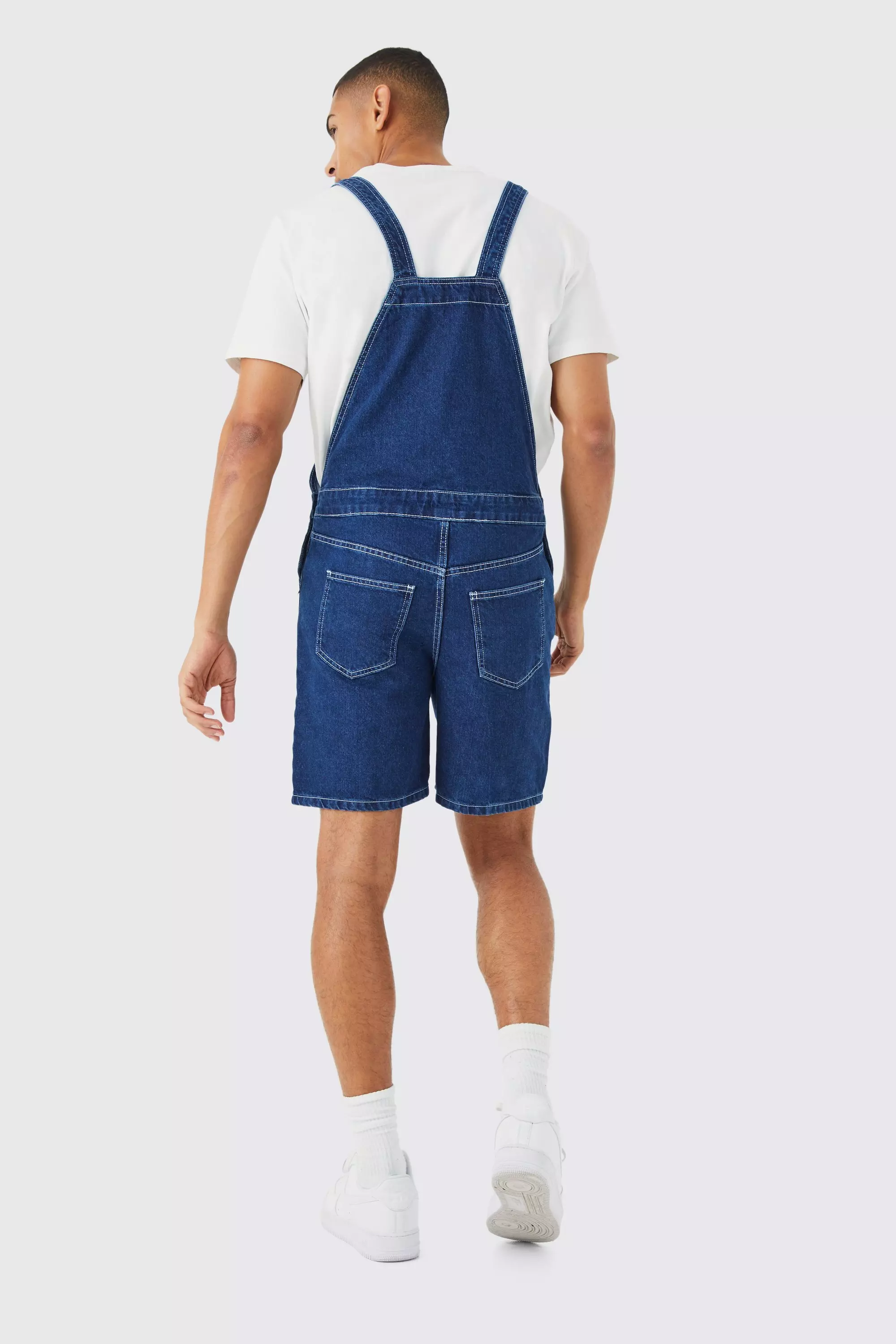 Relaxed Contrast Stitch Denim Short Overalls